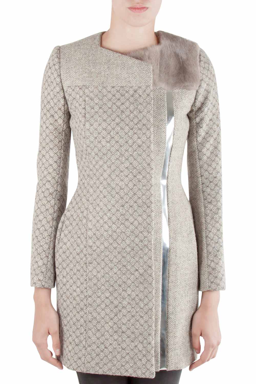 Pre Owned Peter Pilotto Beige Jacquard Wool Sliver Leather and Mink Fur Trim Double Breasted Coat S