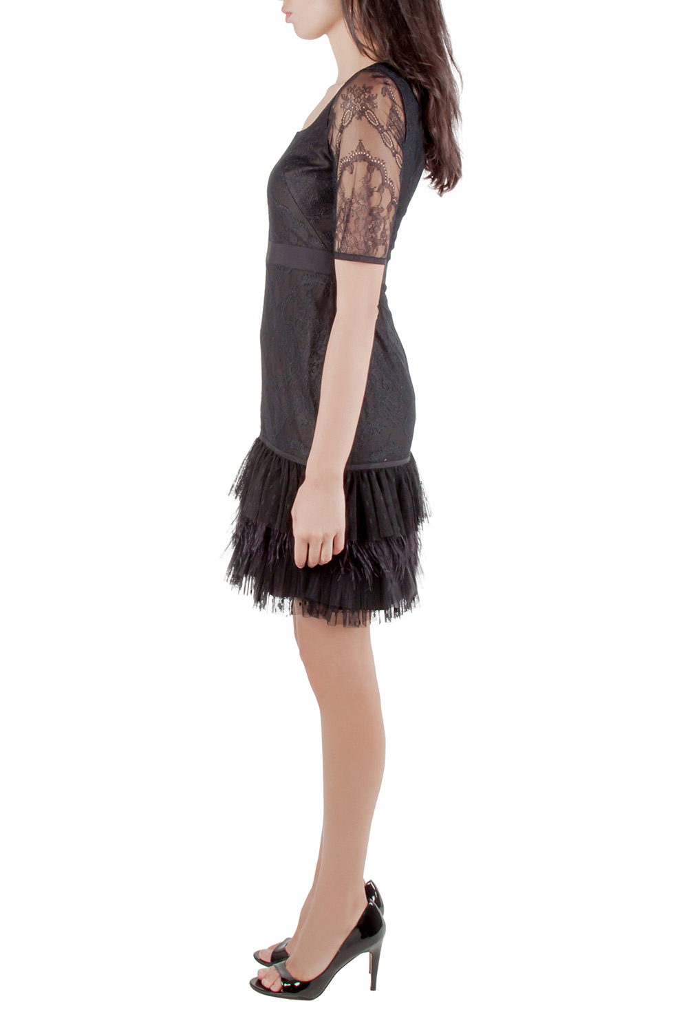 

Marchesa Notte Black Lace Ruffle Tiered Hem Feather Insert Cocktail Dress