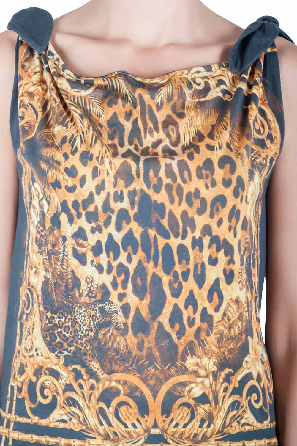 Pre-owned Balmain Green And Gold Leopard Print Cotton Shoulder Tie Detail Top S
