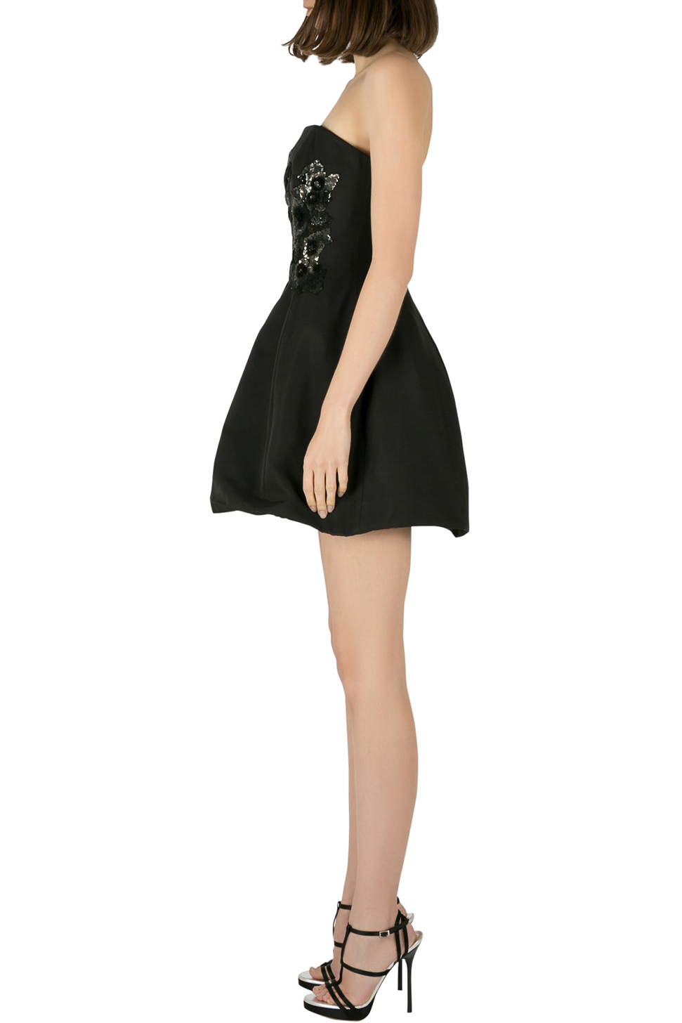 

Marchesa Notte Black Cotton Silk Floral Sequined Appliqué Strapless Mini Dress