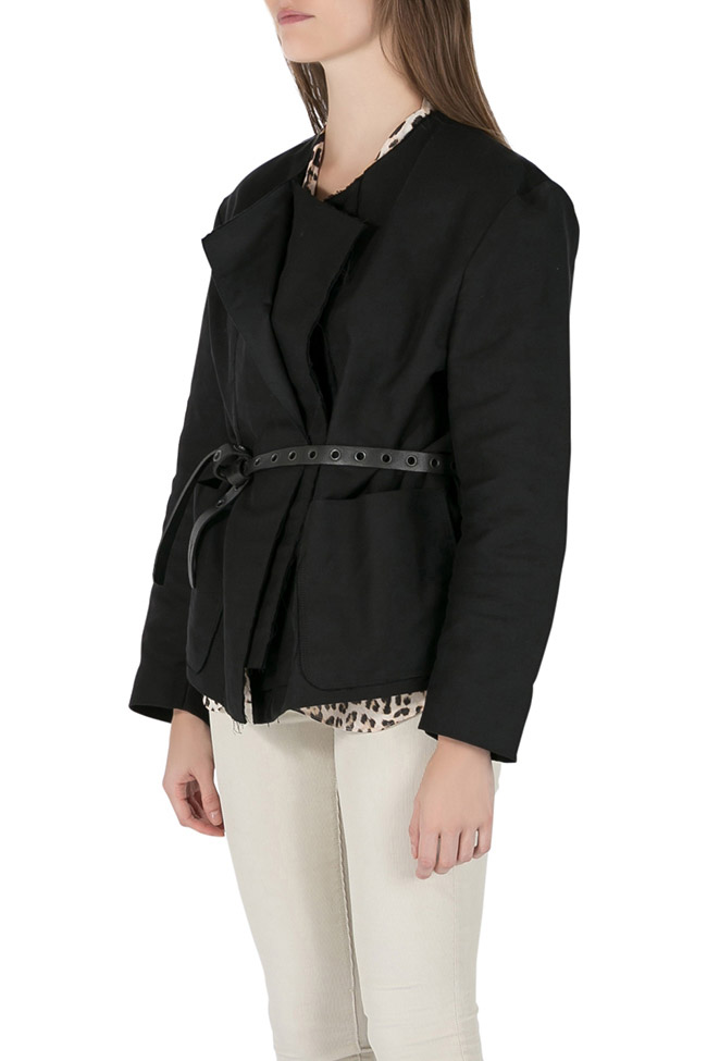 

Isabel Marant Black Cotton Twill Raw Edged Double Breasted Belted Jacket