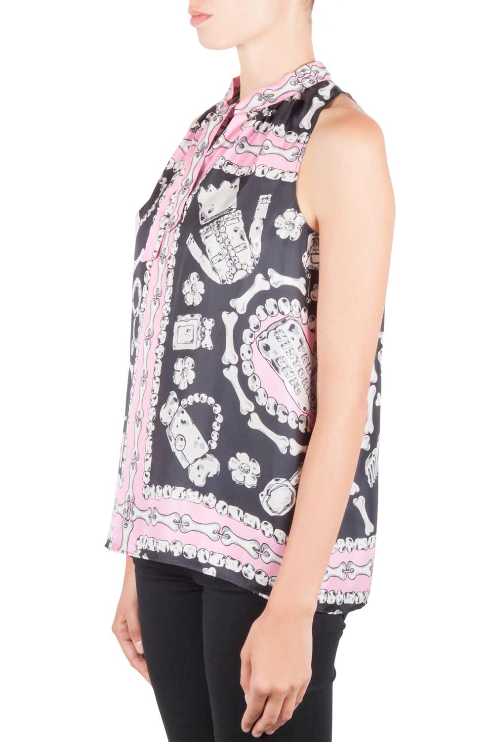 

Moschino Cheap and Chic Pink and Black Silk Flinstone Print Detail Top