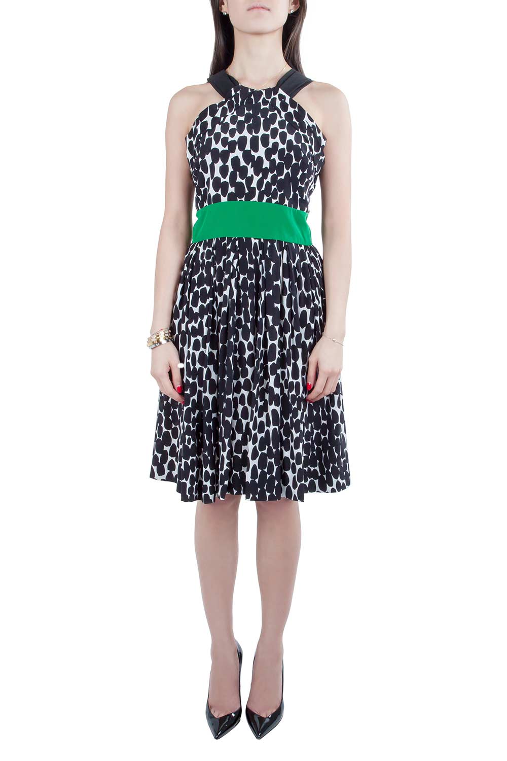 Gucci Monochrome Polka Dot Print Silk Contrast Waistband Sleeveless Dress M