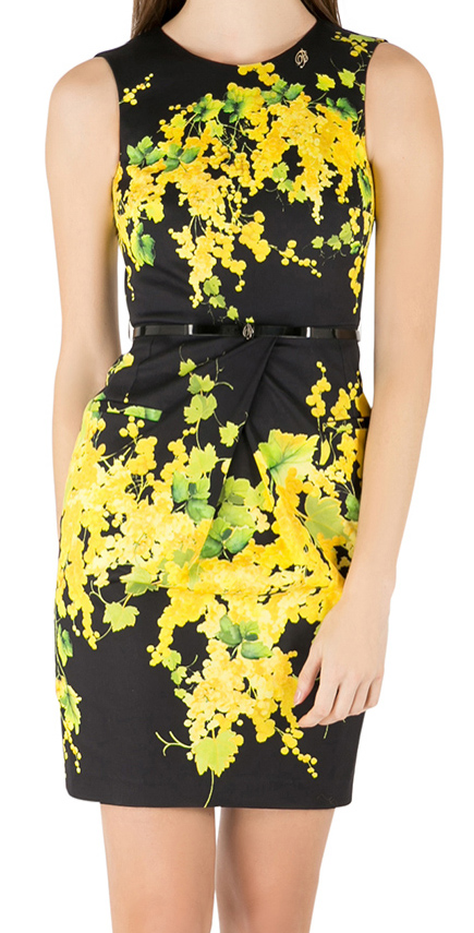 Blumarine Black And Yellow Floral Print Stretch Cotton Belted Sheath Dress S