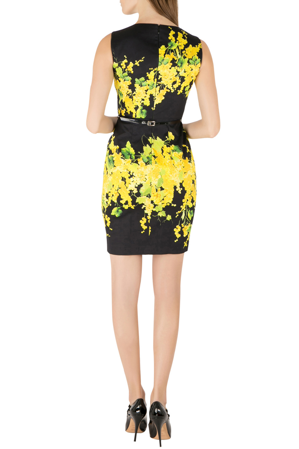 Blumarine Black And Yellow Floral Print Stretch Cotton Belted Sheath Dress S