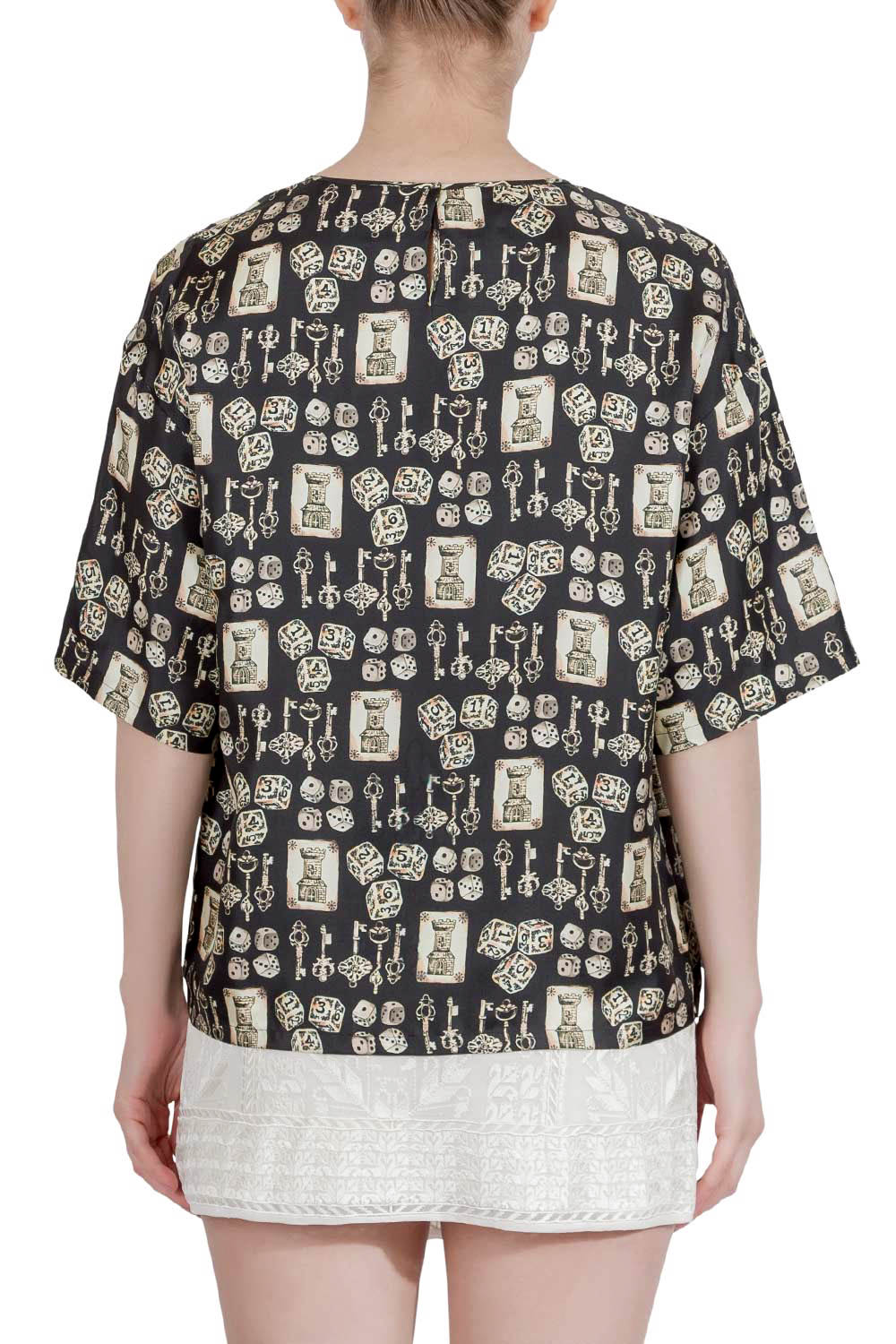 Pre-owned Dolce & Gabbana Black And Beige Dice Key Printed Silk Short Sleeve Top M