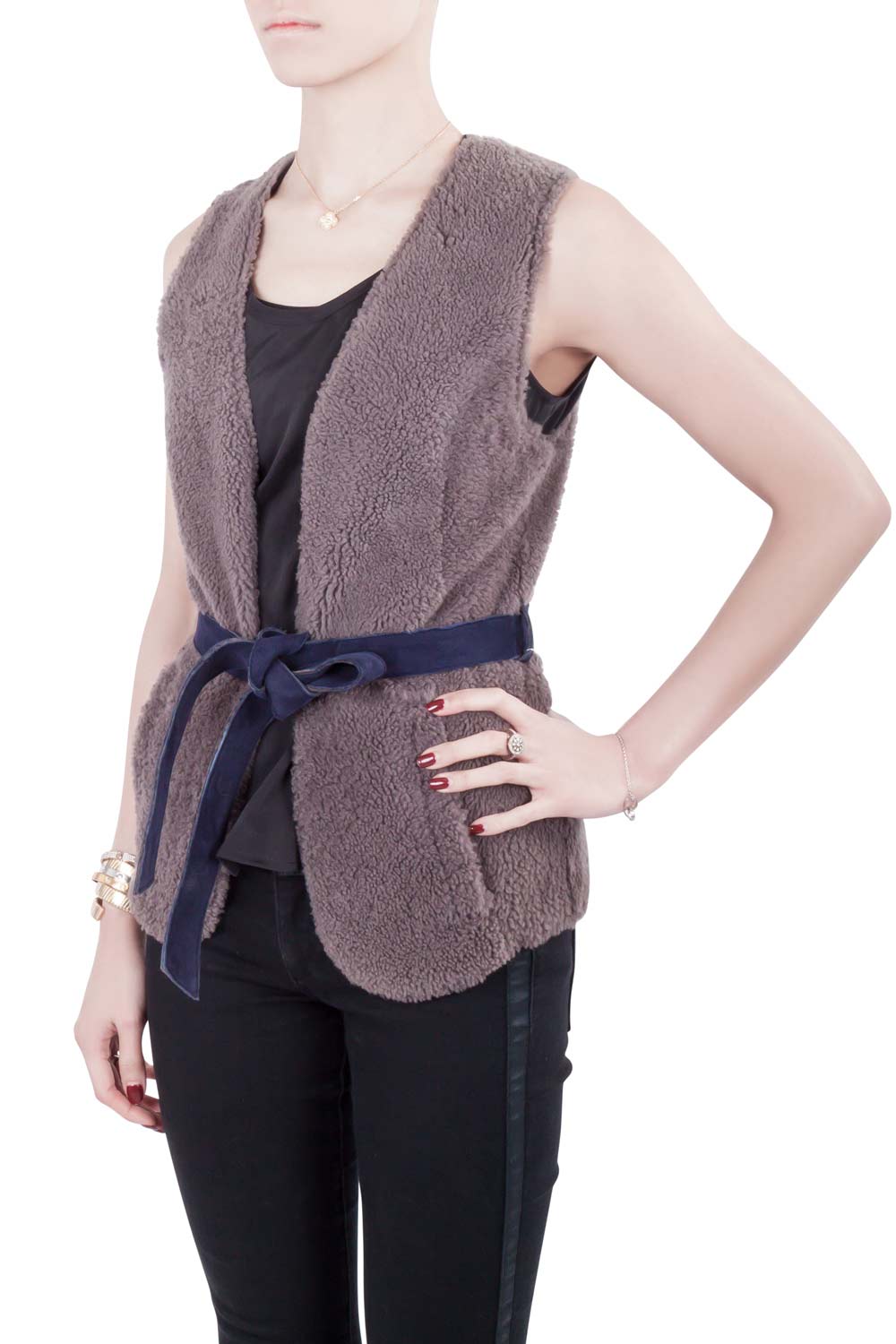 Pre-owned Moschino Cheap And Chic Grey Lamb Fur Leather Lined Belted Gilet S In Grey