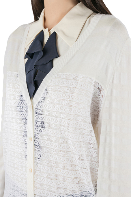 Pre-owned Nina Ricci Cream Striped Knit And Lace Cardigan Xl