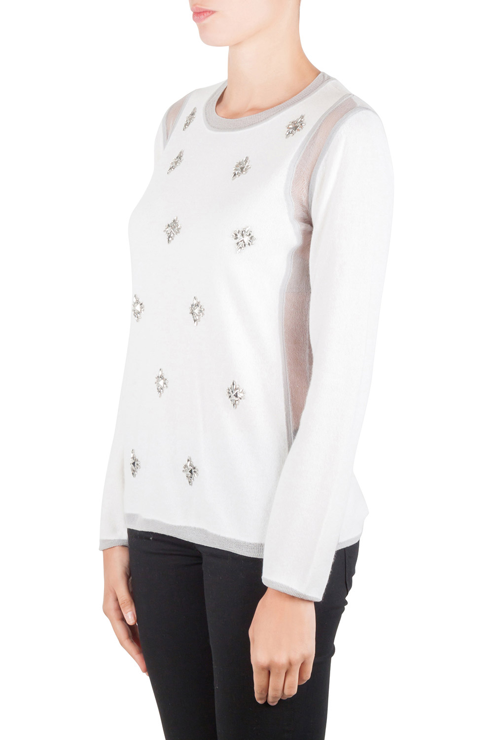 

Rebecca Taylor Ivory and Grey Crystal Embellished Mesh Inset Crew Neck Sweater, Cream
