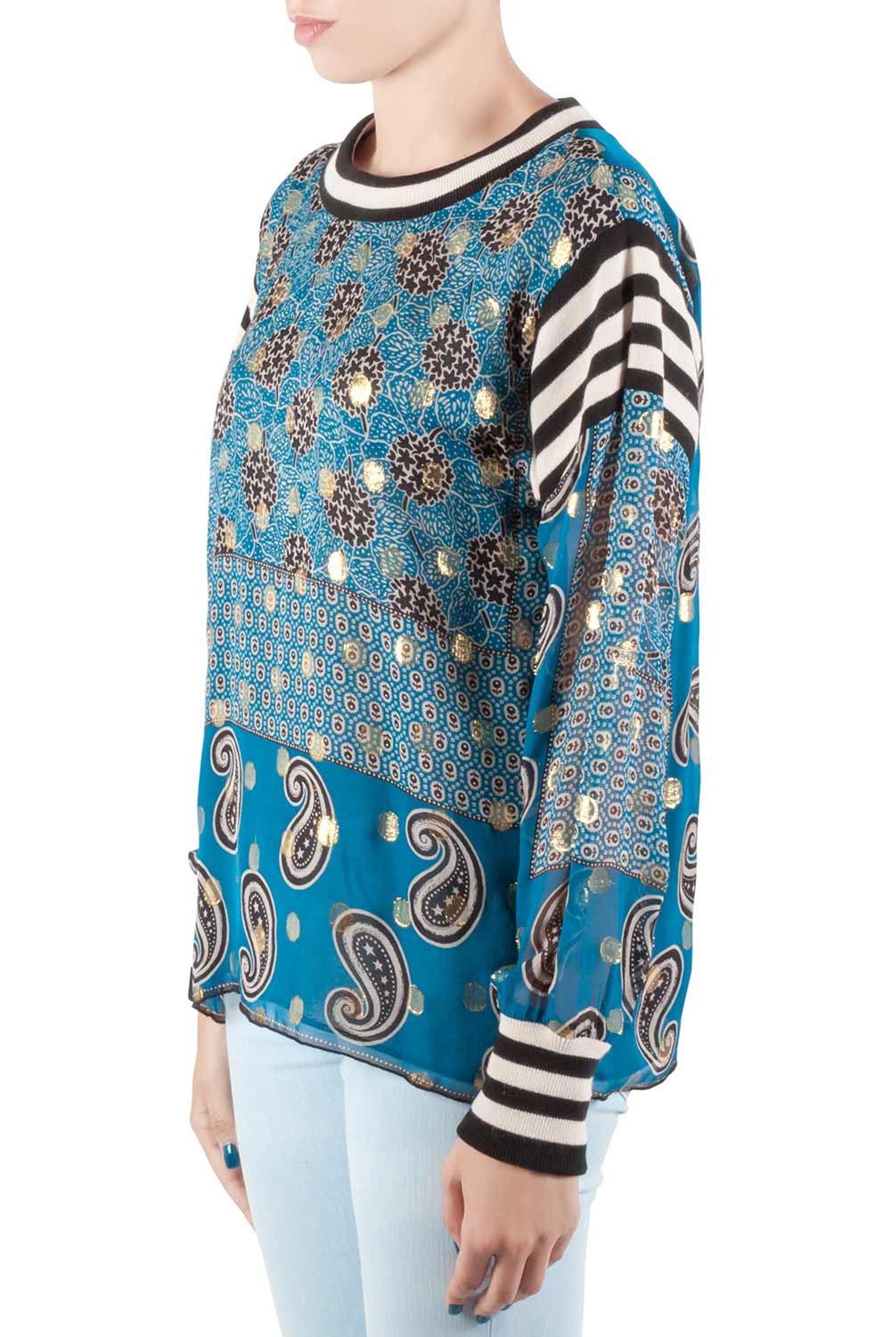 Pre-owned Anna Sui Teal Blue Bouquet Scarf Print Silk Ribbed Trim Tunic Top M