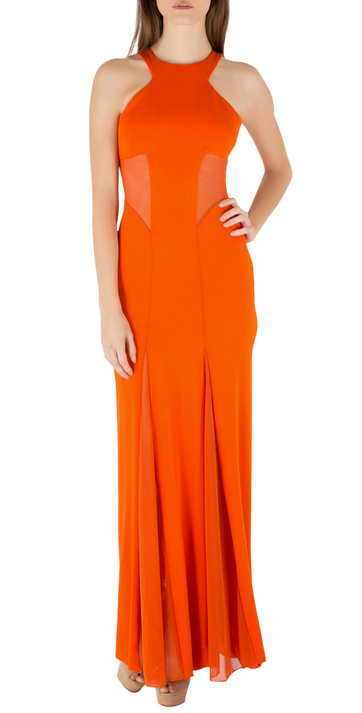 Pre-owned Cushnie Et Ochs Tangerine Orange Stretch Satin Jersey Mesh Paneled Gown S