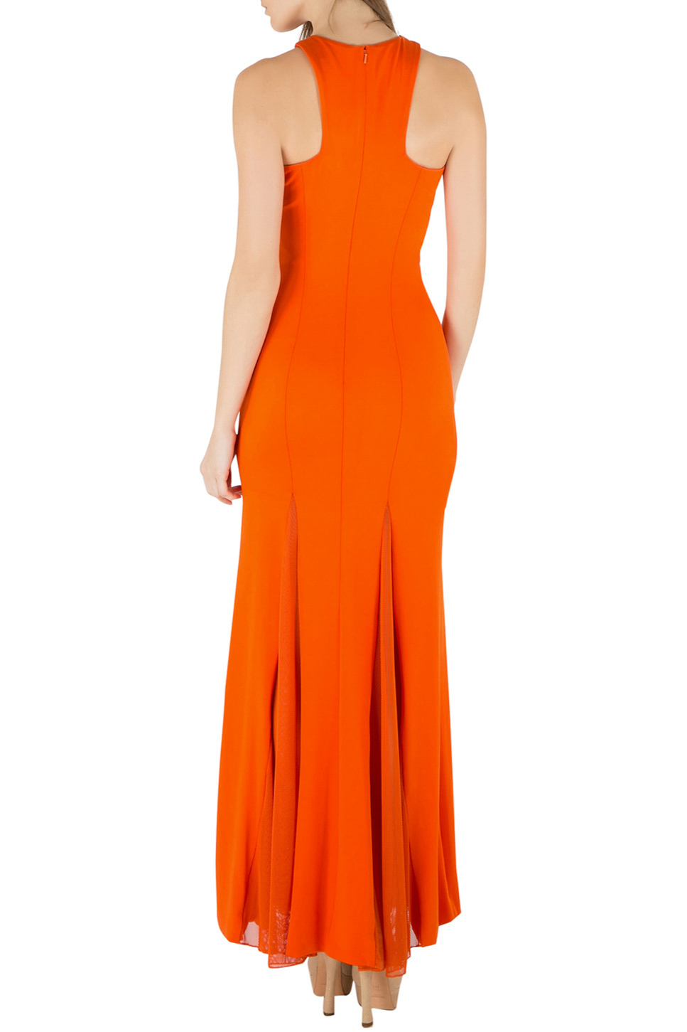 Pre-owned Cushnie Et Ochs Tangerine Orange Stretch Satin Jersey Mesh Paneled Gown S