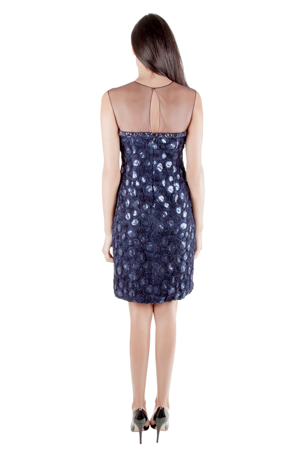 Pre-owned Mikael Aghal Navy Blue Rosette Applique Embellished Sheer Yoke Sleeveless Dress S