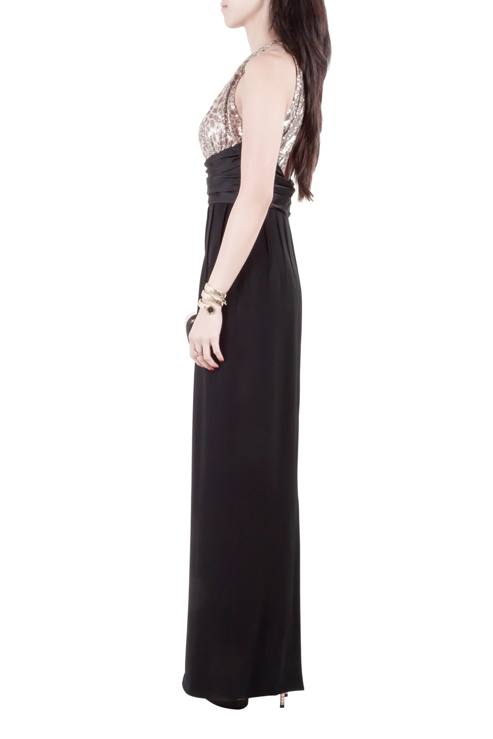 

Mikael Aghal Black Crepe and Gold Sequin Embellished Gown