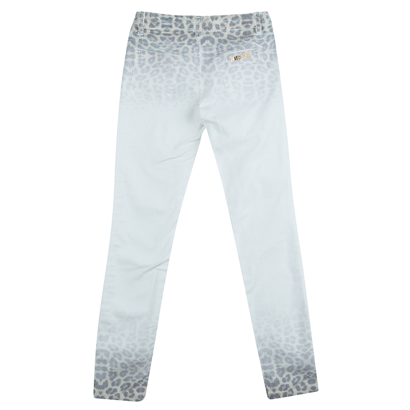 

Just Cavalli White Denim Washed Out Leopard Print Skinny Jeans