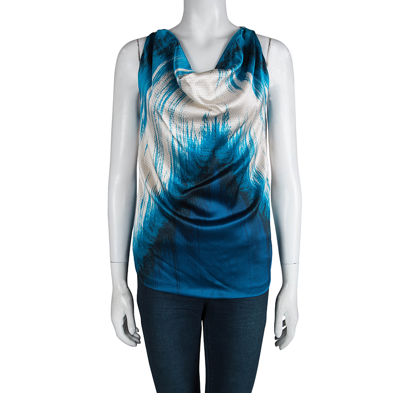 

Roberto Cavalli Blue Printed Silk Cowl Neck Sleeveless Top