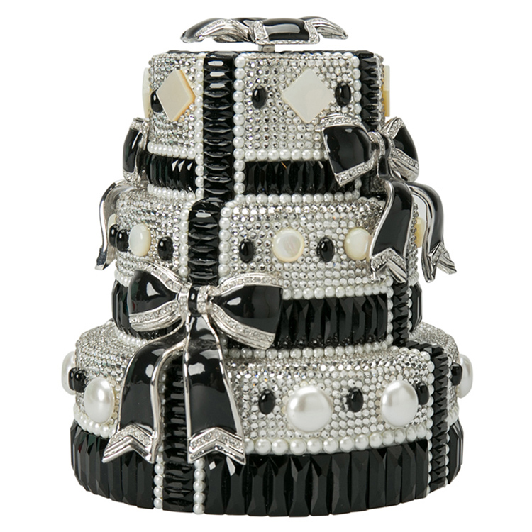 Judith Leiber Black/White Swarovski Crystal Bow Cake Minaudiere Clutch