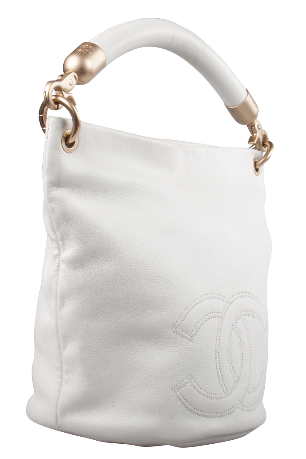 

Chanel White Leather  CC Handle Bucket Hobo