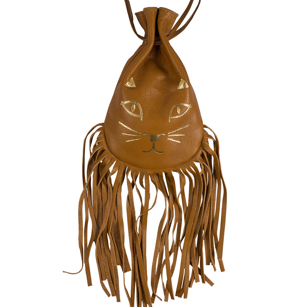 

Charlotte Olympia Brown Leather Fringe Kitty Set of 2 Pochette
