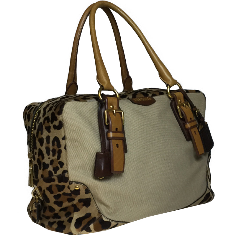 

Prada Brown Canvas Leopard Canapa Cavallin Satchel, Beige