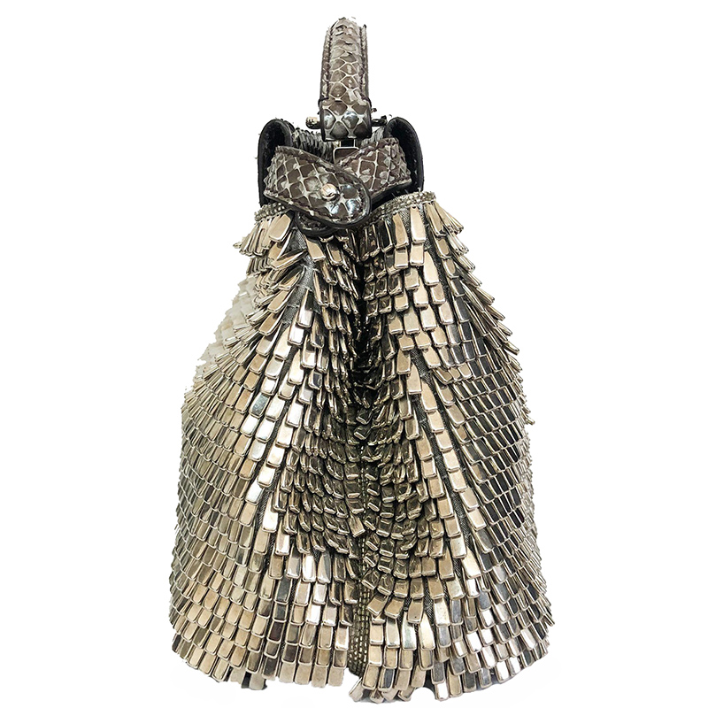

Fendi Silver Mini Beaded And Python Leather Peekaboo Bag