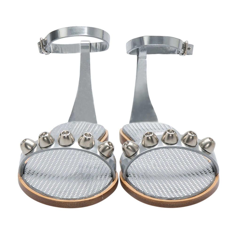 

Miu Miu Metallic Silver Leather Studded Ankle Strap Flat Sandals Size, Grey