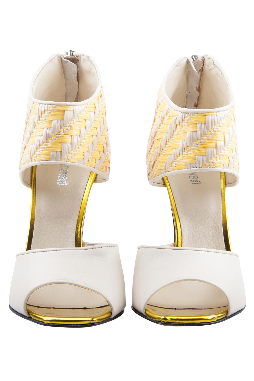 

Just Cavalli Cream Leather And Yellow Raffia Open Toe Booties Size