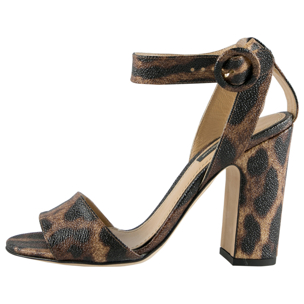 Pre Owned Dolce And Gabbana Two Tone Coated Canvas Leopard Print Open Toe Ankle Strap Sandals Size 36.5