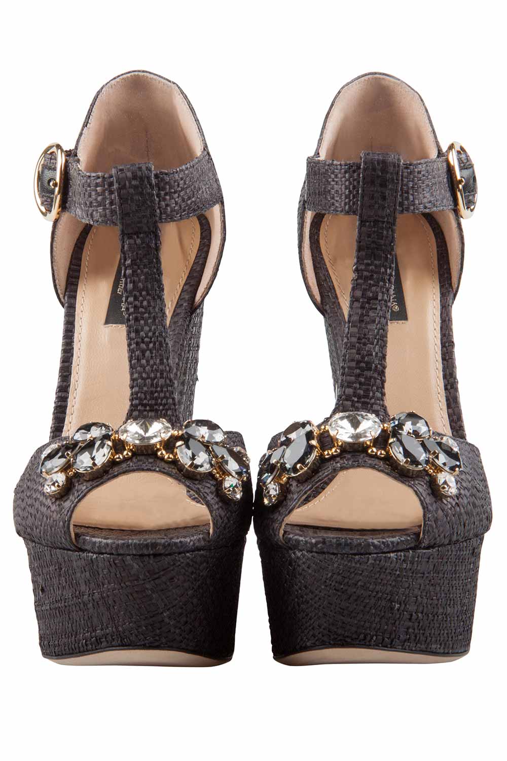 

Dolce and Gabbana Black Crystal Embellished Raffia T Strap Wedge Peep Toe Sandals Size