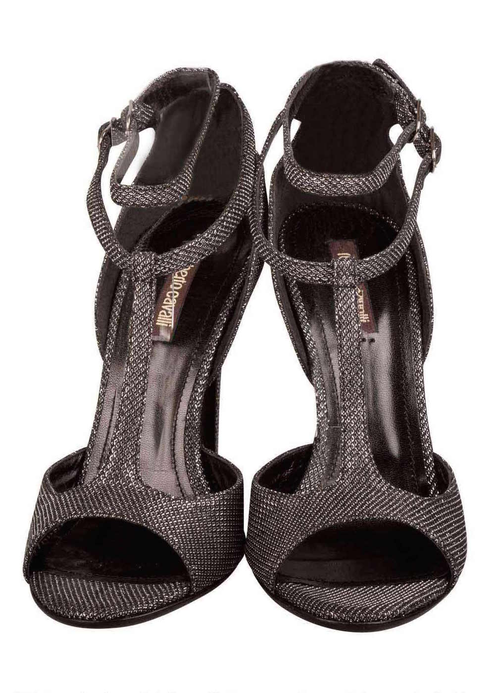 

Roberto Cavalli Metallic Black Glitter Fabric T Strap Double Buckle Sandals Size
