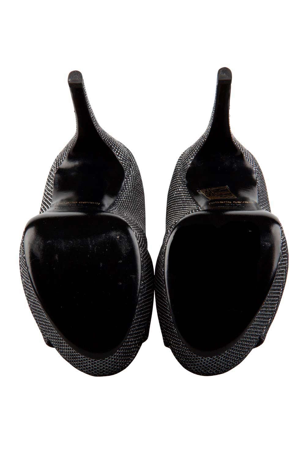 Pre-owned Roberto Cavalli Metallic Silver/black Glitter Peep Toe Platform Pumps Size 36.5