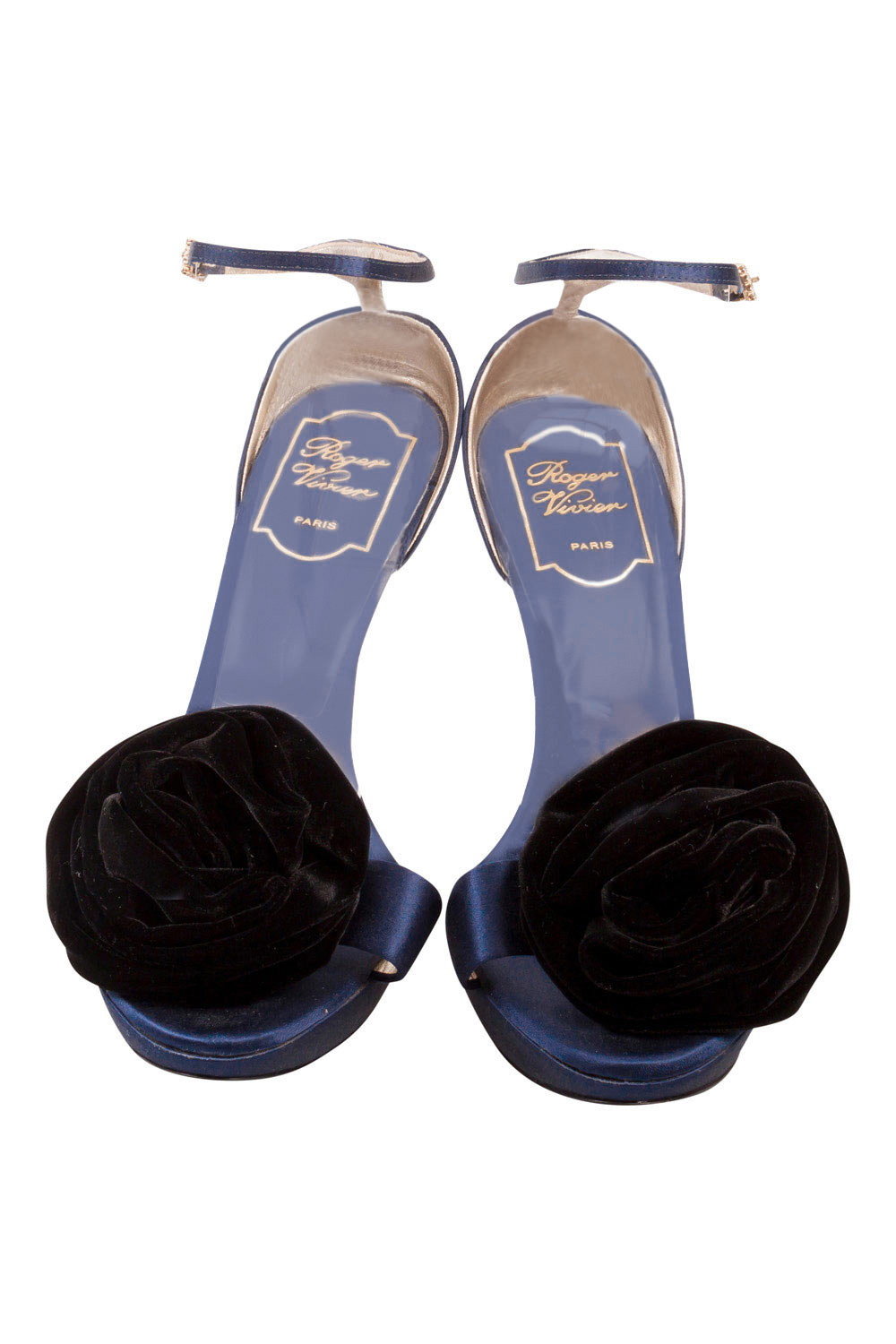 

Roger Vivier Blue Satin And Black Floral Ankle Strap Platform Sandals Size