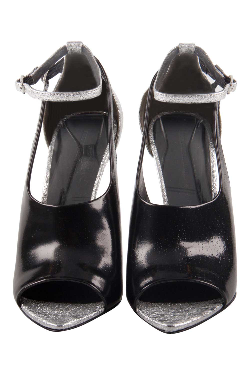 

Alexander Wang Metallic Silver And Black Textured Leather Carolyn Ankle Strap Sandals Size