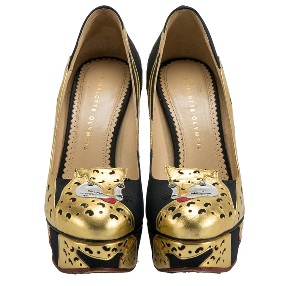 

Charlotte Olympia Black/Gold Leather Ninivah Leopard Platform Pumps Size