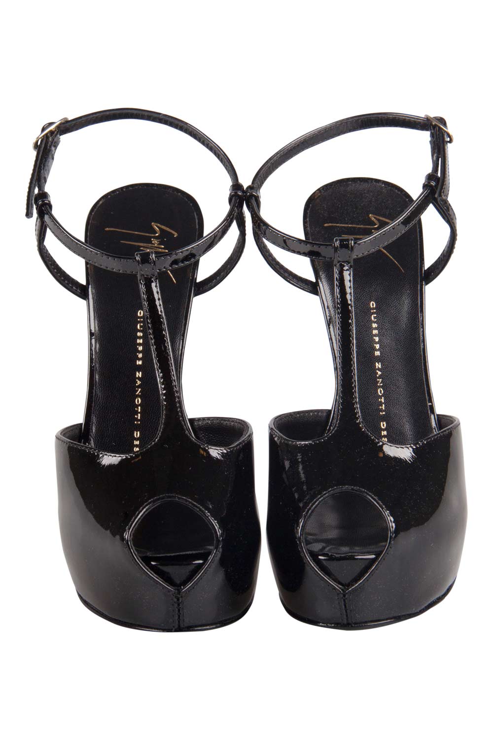 

Giuseppe Zanotti Black Patent Leather T Strap Peep Toe Platform Sandals Size