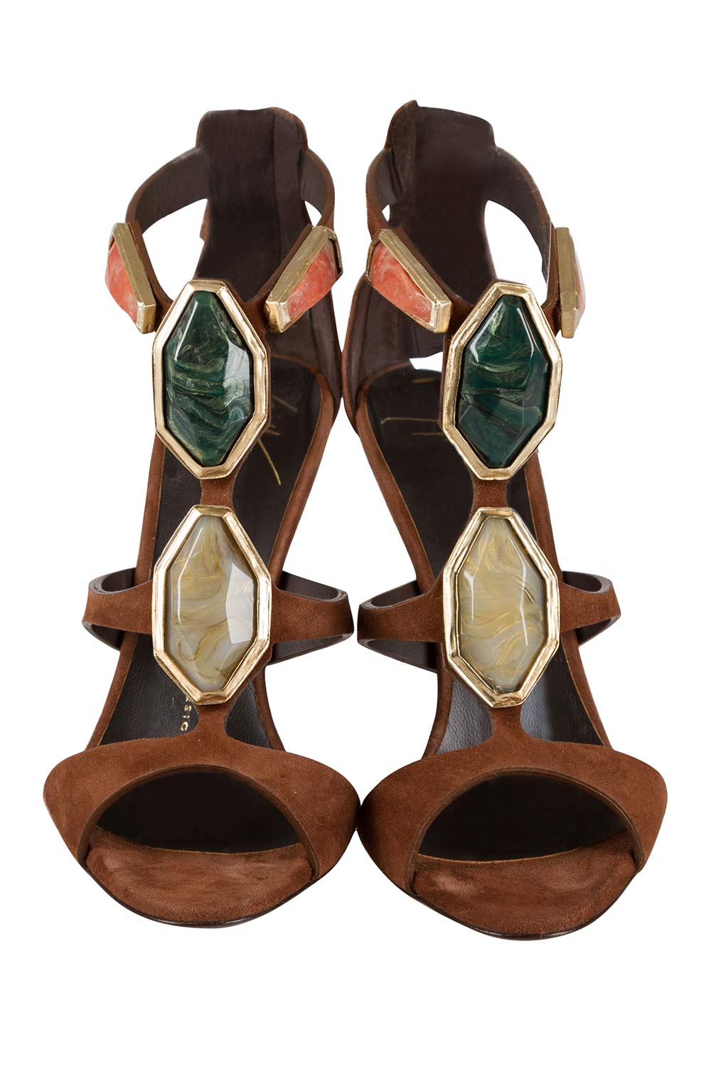 

Giuseppe Zanotti Brown Suede Gem Embellished T Strap Open Toe Sandals Size