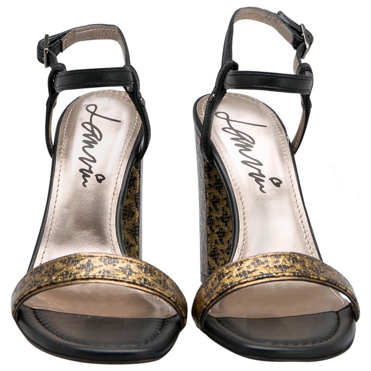 

Lanvin Black/Gold Fabric and Leather Ankle Strap Block Heel Sandals Size