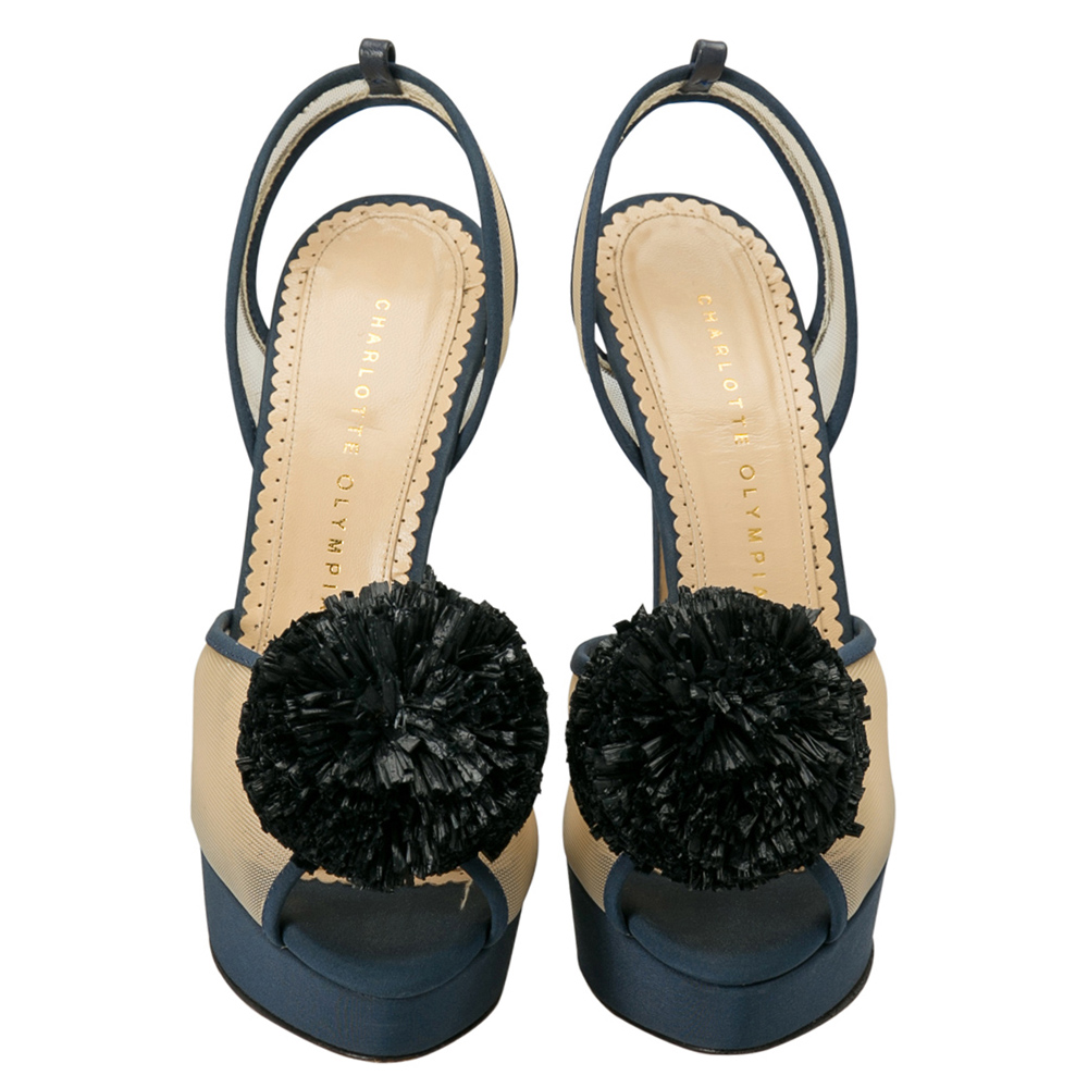 Pre-owned Charlotte Olympia Blue Suede Trim And Mesh Pomoline Pom Pom Platform Sandals Size 37