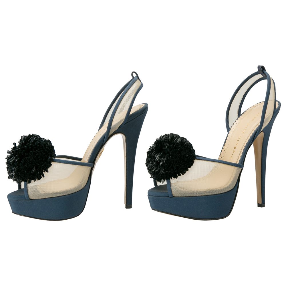 Pre-owned Charlotte Olympia Blue Suede Trim And Mesh Pomoline Pom Pom Platform Sandals Size 37