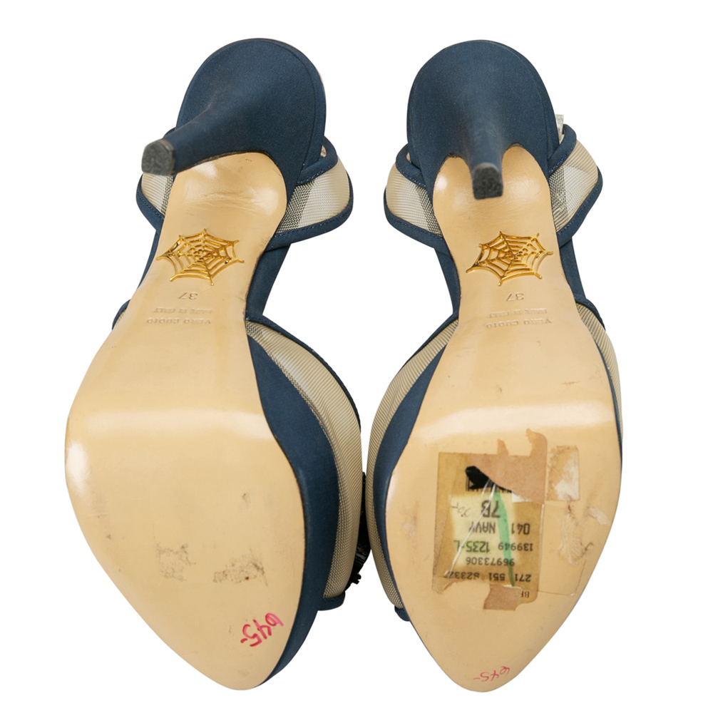 Pre-owned Charlotte Olympia Blue Suede Trim And Mesh Pomoline Pom Pom Platform Sandals Size 37