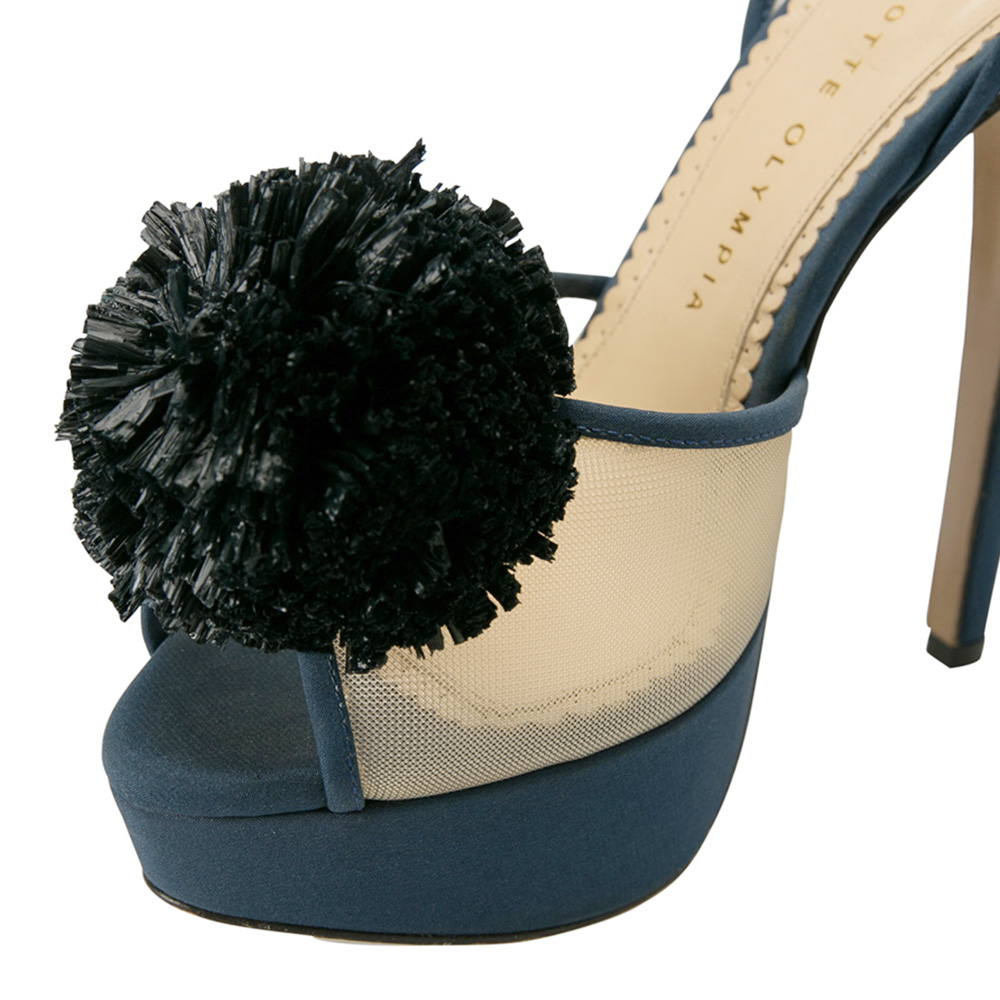 Pre-owned Charlotte Olympia Blue Suede Trim And Mesh Pomoline Pom Pom Platform Sandals Size 37