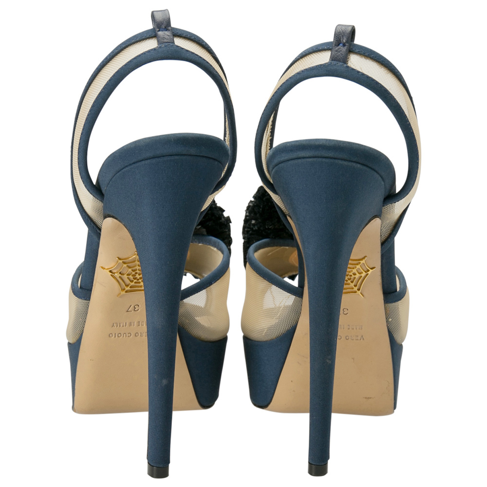 Pre-owned Charlotte Olympia Blue Suede Trim And Mesh Pomoline Pom Pom Platform Sandals Size 37