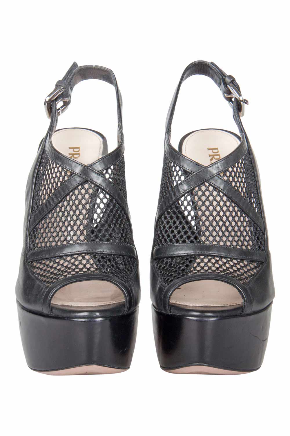 

Prada Black Leather And Mesh Cage Peep Toe Platform Sandals Size