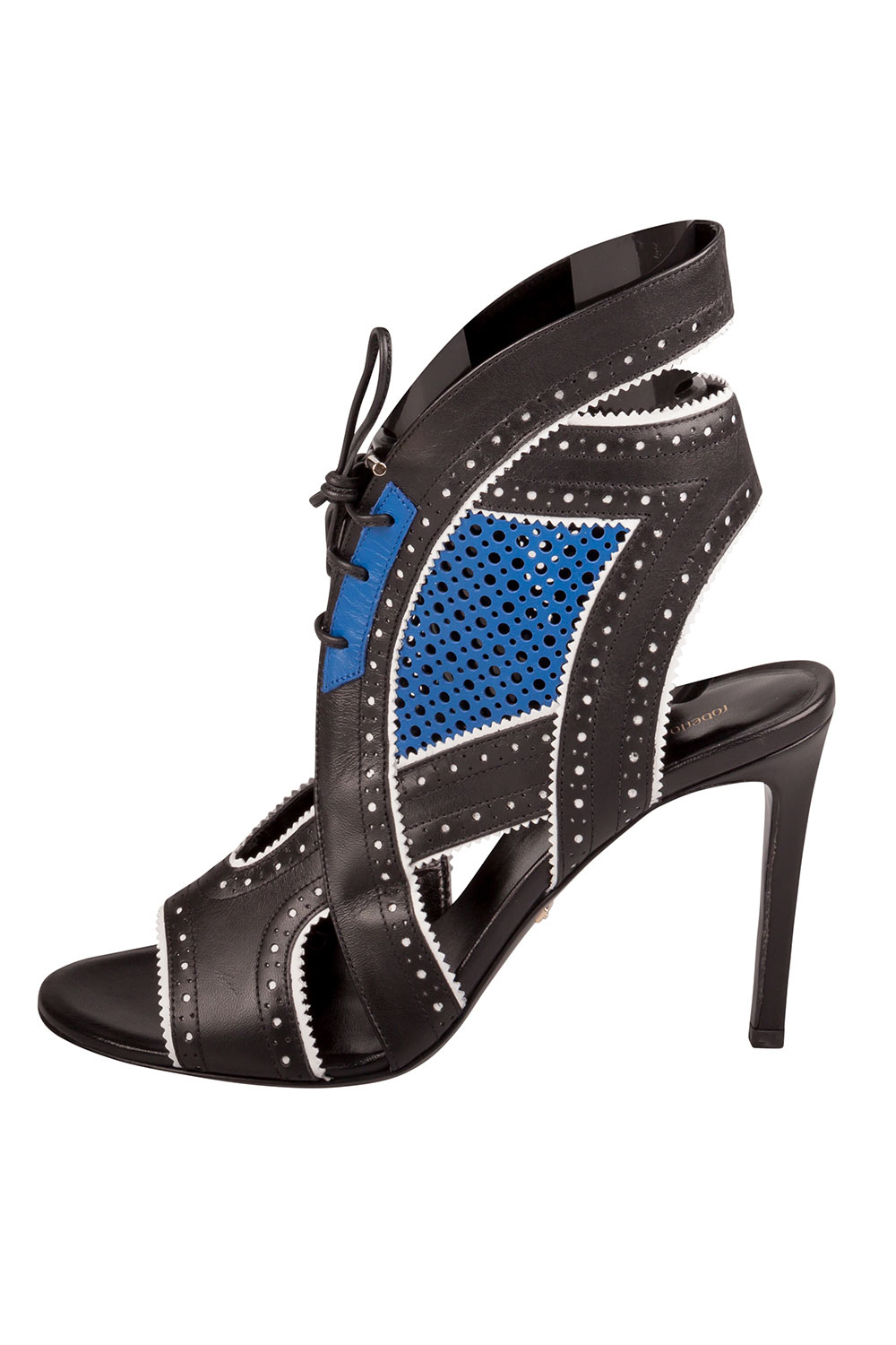Roberto Cavalli Black And Blue Perforated Leather Lace Up Cut Out Sandals Size 38.5