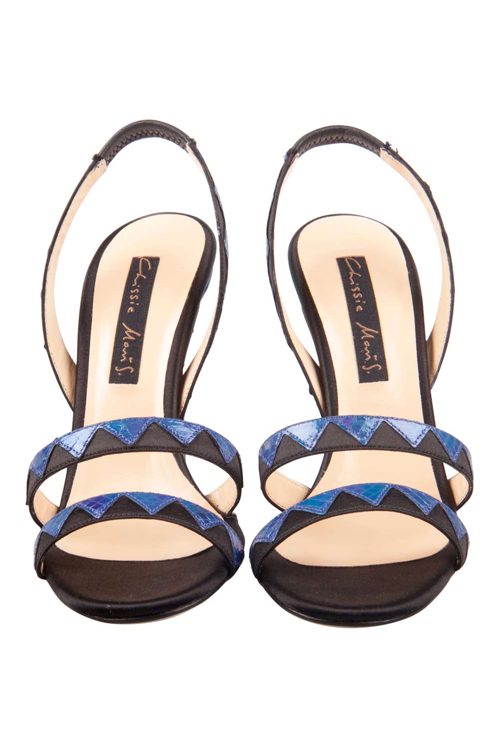 

Chrissie Morris Metallic Blue Python Leather Trim And Satin Slingback Open Toe Sandals Size