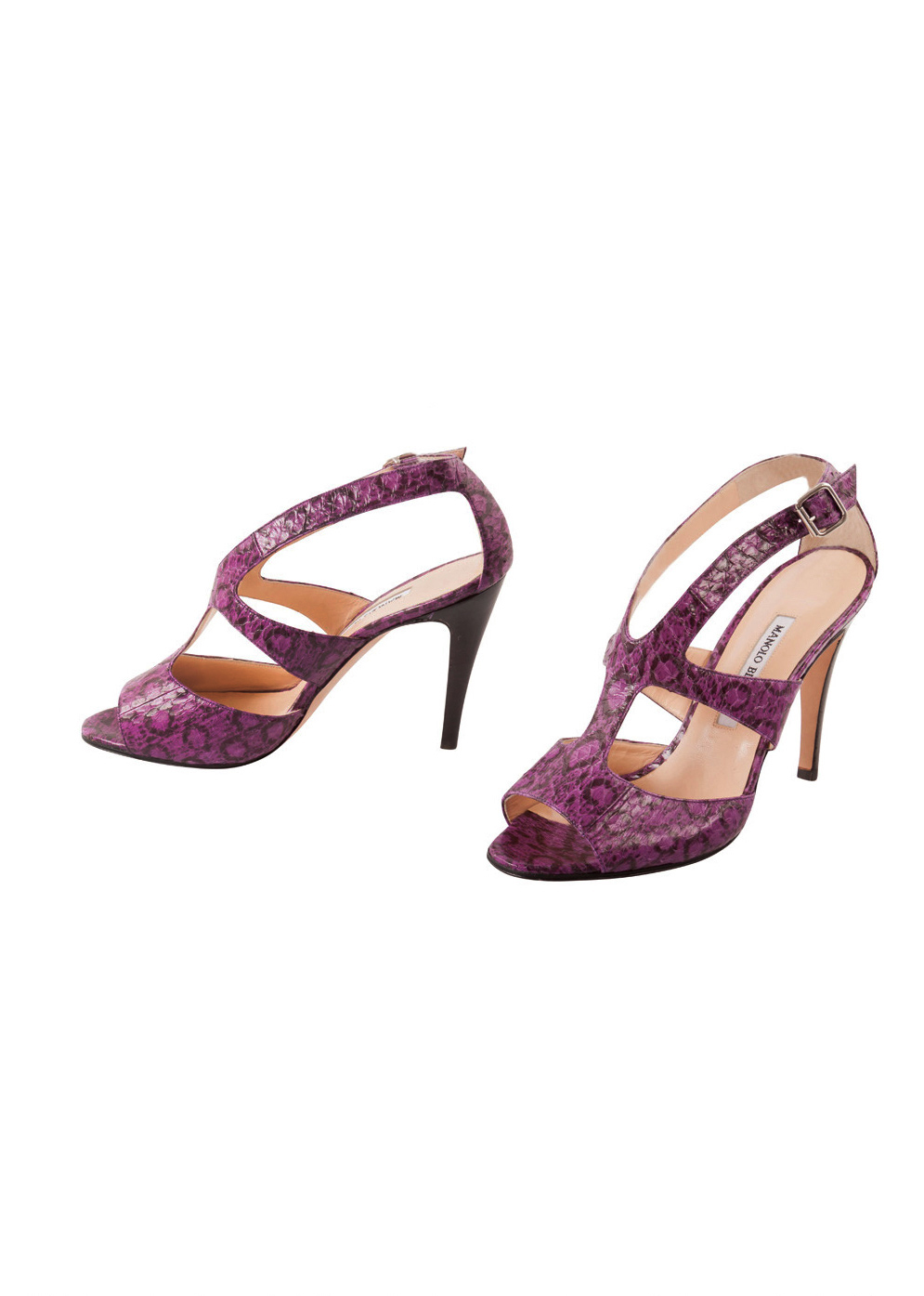 Pre-owned Manolo Blahnik Purple And Black Snakeskin Peep Toe Ankle Strap Sandals Size 38.5