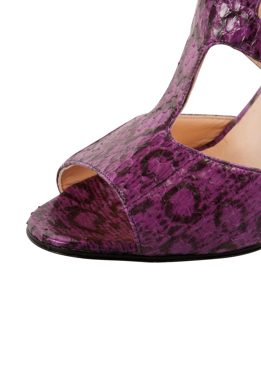 Pre-owned Manolo Blahnik Purple And Black Snakeskin Peep Toe Ankle Strap Sandals Size 38.5