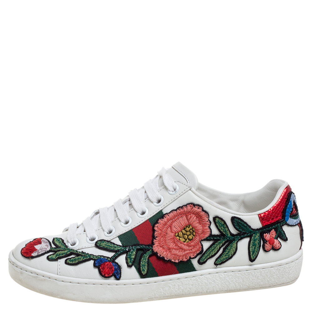 

Gucci White Leather Floral Embroidered Ace Sneakers Size
