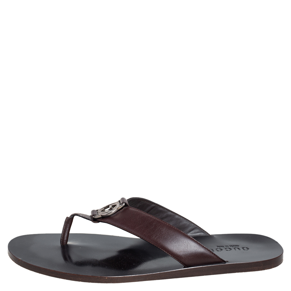

Gucci Brown Leather GG Thong Slide Sandals Size