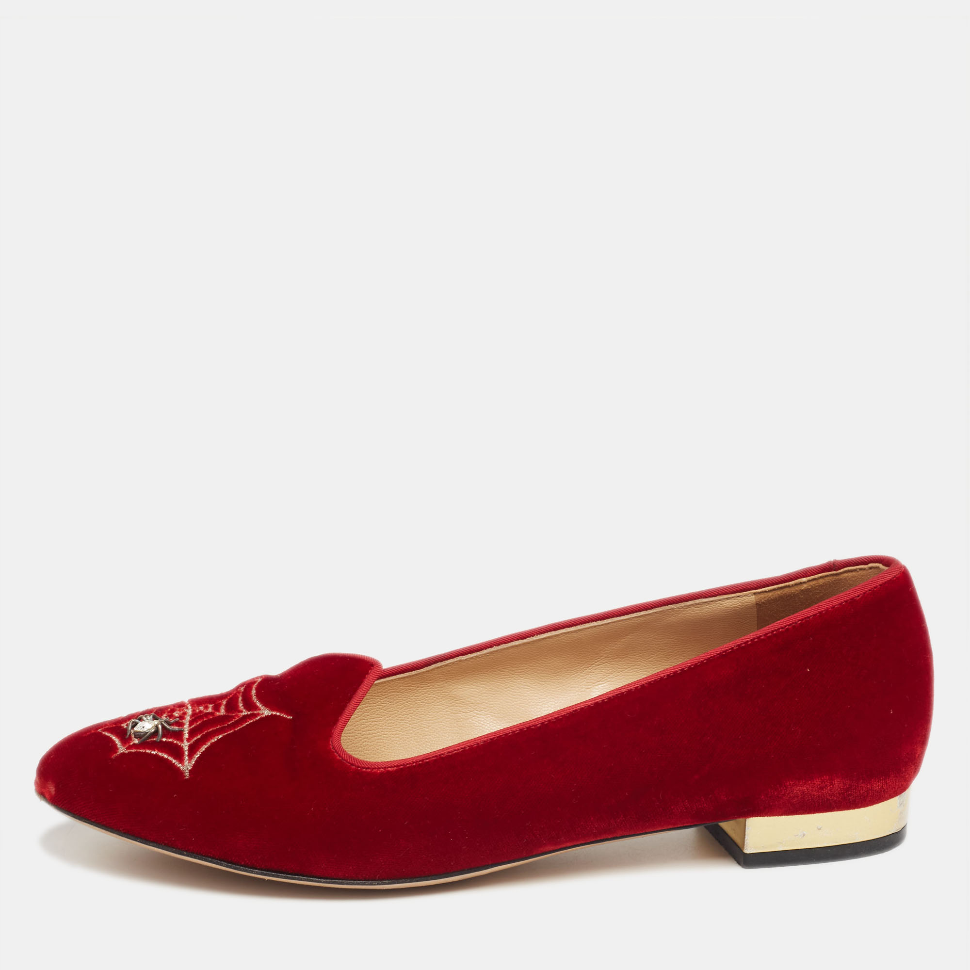 Pre-owned Charlotte Olympia Red Velvet Embroidered Accent Loafers Size 37.5